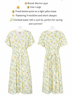 Marine Layer Lemon Print Midi Dress – Women’s Large 🍋